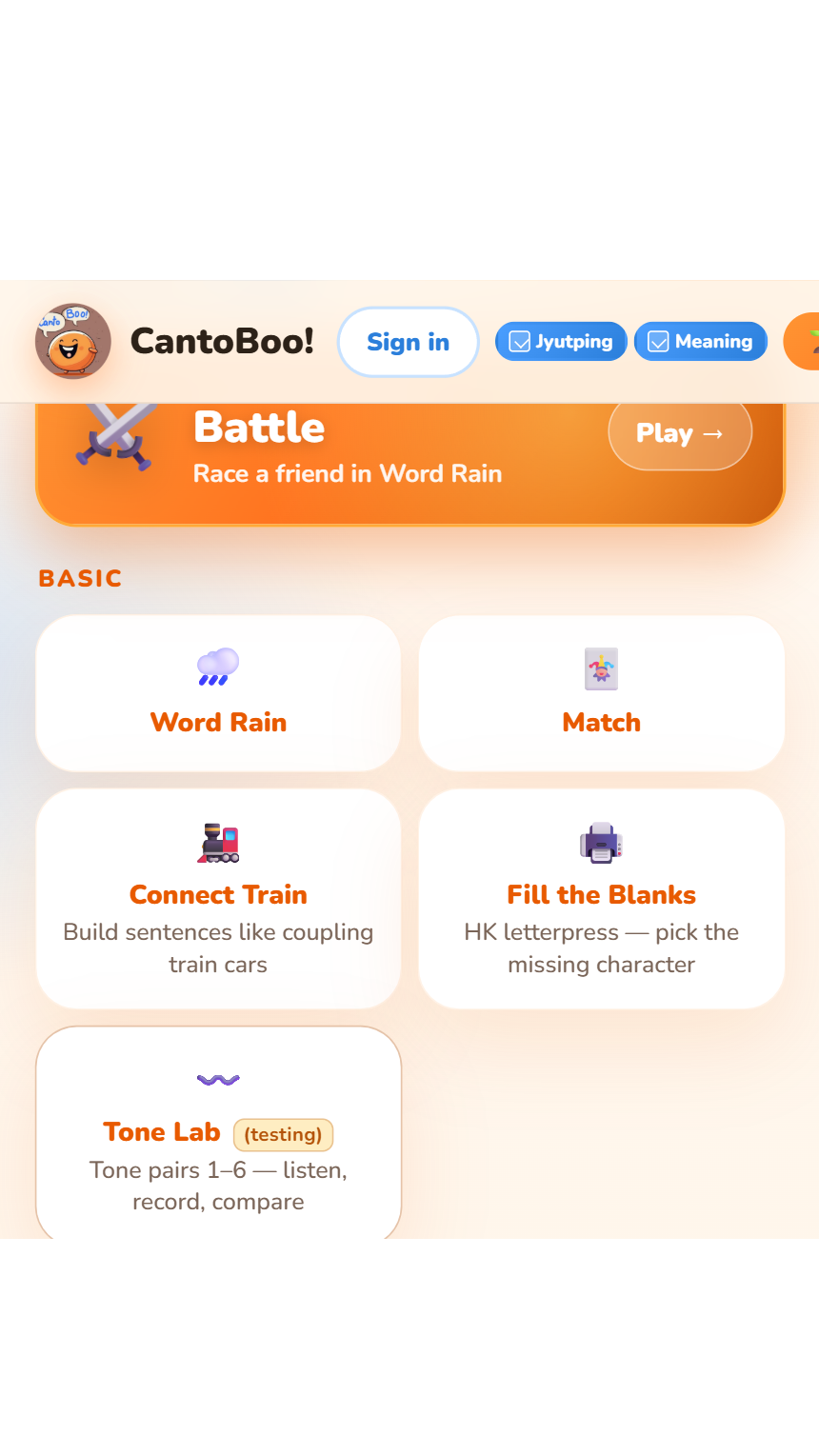 Games hub featuring Word Rain Battle