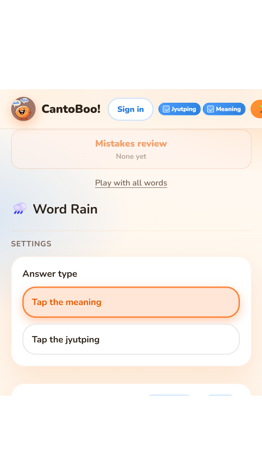 Word Rain practice with familiarity filters and mistake review